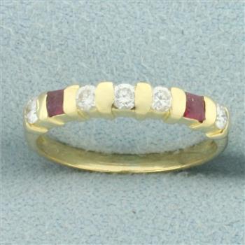 Diamond and Ruby Bar Set Pinky Ring in 18k Yellow Gold