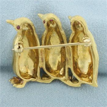 Diamond and Ruby Penguin Pin in 18k Yellow Gold