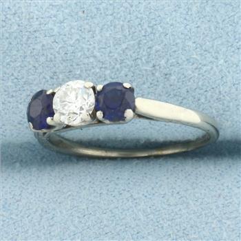 Diamond and Sapphire 3-Stone Ring in 14k White Gold