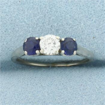 Diamond and Sapphire 3-Stone Ring in 14k White Gold