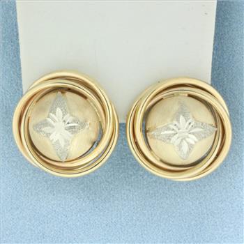 Diamond Cut Star Button Earrings in 14k Yellow and White Gold