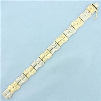 Diamond Cut Wave Design Bar Bracelet in 14k Yellow and White Gold