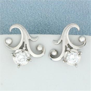 Diamond Fleur De Lis Screw Back Earrings in 18K White Gold