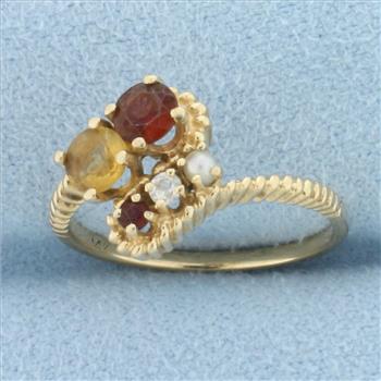 Diamond, Garnet, Citrine, and Seed Pearl Ring in 14k Yellow Gold
