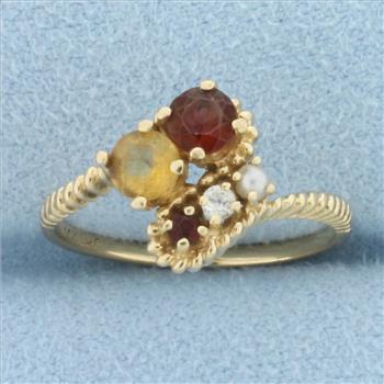Diamond, Garnet, Citrine, and Seed Pearl Ring in 14k Yellow Gold
