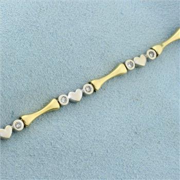 Diamond Heart and Bar Link Bracelet in 14K Yellow and White Gold