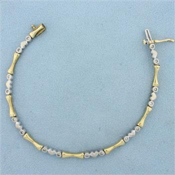 Diamond Heart and Bar Link Bracelet in 14K Yellow and White Gold