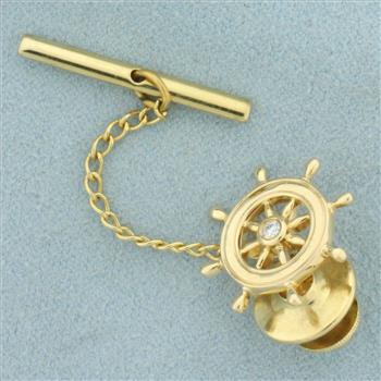 Diamond Helm Ship's Wheel Pin Tie Tack in 14k Yellow Gold