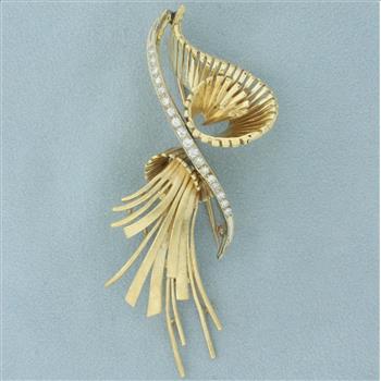 Diamond Tassel and Spiral Design Brooch in 14k Yellow Gold