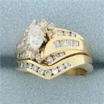 Diamond Wedding Ring and Engagement Ring Bridal Set in 14k Yellow Gold