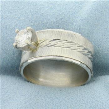 Diamond Wide Band Solitaire Engagement Ring in 14K White Gold