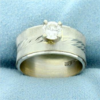 Diamond Wide Band Solitaire Engagement Ring in 14K White Gold