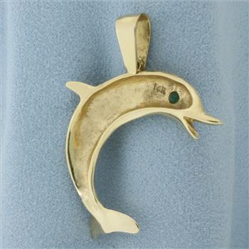 Dolphin Pendant Emerald Eye in 14k Yellow Gold