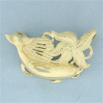 Dolphin Starfish Seashell Slide Pendant in 14k Yellow Gold