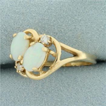 Double Opal and Diamond Ring in 14k Yellow Gold
