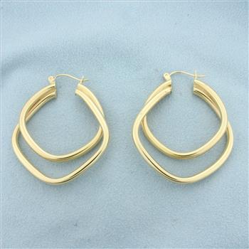 Double Square Tube Hoop Earrings in 14k Yellow Gold