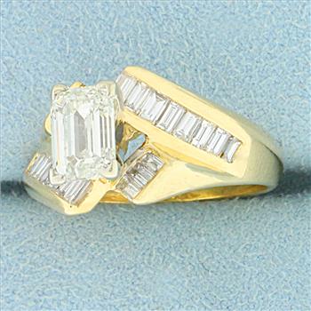 EGL Certified 2ct TW Emerald Cut and Baguette Diamond Bypass Engagement Ring in 14K Yellow Gold