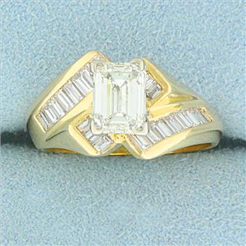 EGL Certified 2ct TW Emerald Cut and Baguette Diamond Bypass Engagement Ring in 14K Yellow Gold
