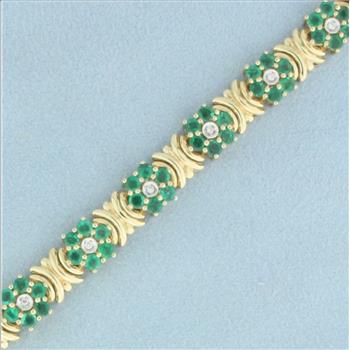 Emerald and Diamond Flower Design Bracelet in 14k Yellow Gold