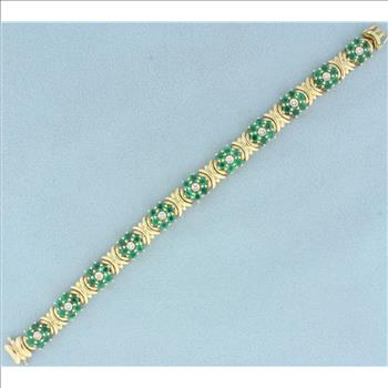 Emerald and Diamond Flower Design Bracelet in 14k Yellow Gold