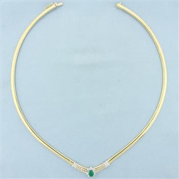 Emerald and Diamond Omega Necklace in 14k Yellow Gold