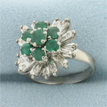 Emerald and Diamond Starburst Ring in 18k White Gold