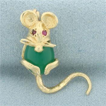 Emerald and Ruby Mouse Pin in 14k Yellow Gold