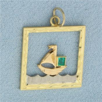 Emerald Sailing Boat Pendant in 14k Yellow Gold