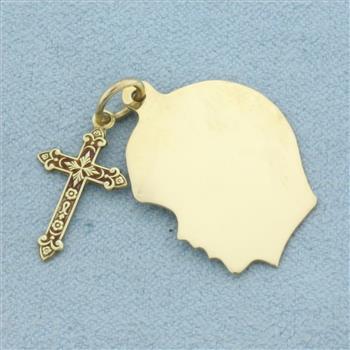 Engravable Boy Silhouette and Cross Charm n 14k Yellow Gold
