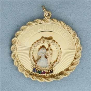 Engravable Happy Anniversary Gemstone Charm or Pendant in 14k Yellow Gold