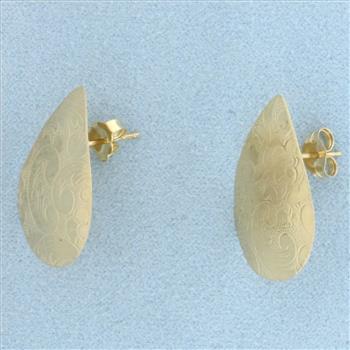 Etched Large Pear Shaped Earrings in 14k Yellow Gold
