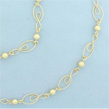 Extra Long Designer Link Ball Bead Necklace in 14k Yellow Gold