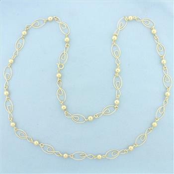 Extra Long Designer Link Ball Bead Necklace in 14k Yellow Gold