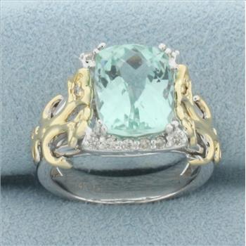 Fancy Checkerboard Cut Aquamarine and Diamond Ring in 14k White and Yellow Gold