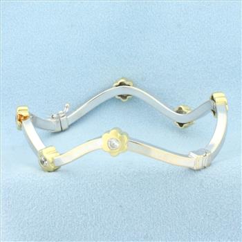 Flower Station Bangle Bracelet in 18k White and Yellow Gold