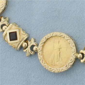Gold Eagle Bullion Coin and Garnet Bracelet in 14k Yellow Gold