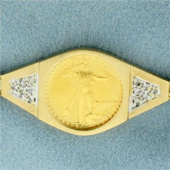 Gold Eagle Coin and Diamond Rope Bracelet in 14k Yellow Gold