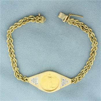 Gold Eagle Coin and Diamond Rope Bracelet in 14k Yellow Gold
