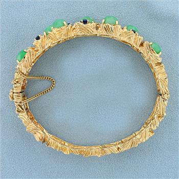 Graduated Natural Sapphire and Jade Heavy Bangle Bracelet in 14K Yellow Gold