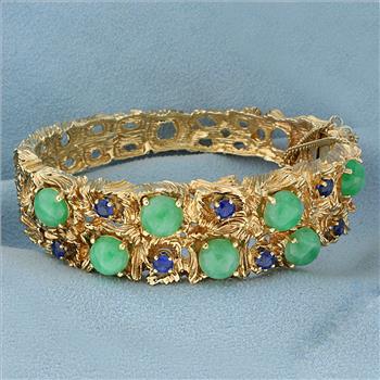 Graduated Natural Sapphire and Jade Heavy Bangle Bracelet in 14K Yellow Gold