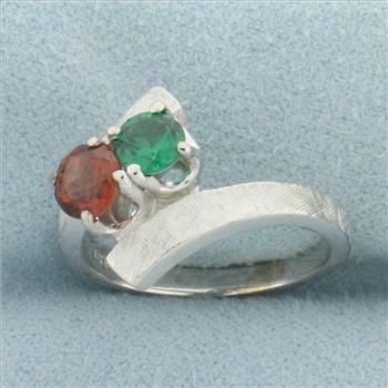 Green  and Red Garnet Toi et Moi Ring in 14k White Gold
