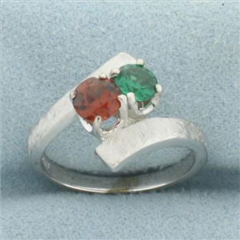Green  and Red Garnet Toi et Moi Ring in 14k White Gold