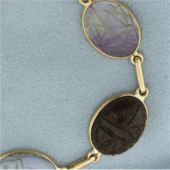 Hand Carved Gemstone Scarab Bracelet in 14k Yellow Gold