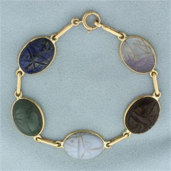 Hand Carved Gemstone Scarab Bracelet in 14k Yellow Gold