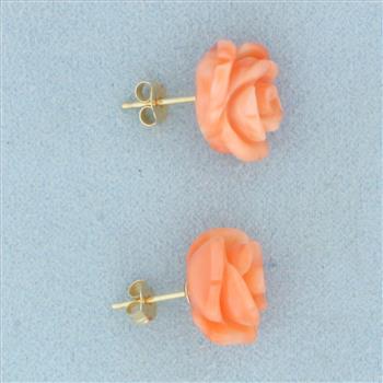 Hand Carved Pink Skin Coral Flower Earrings in 14k Yellow Gold