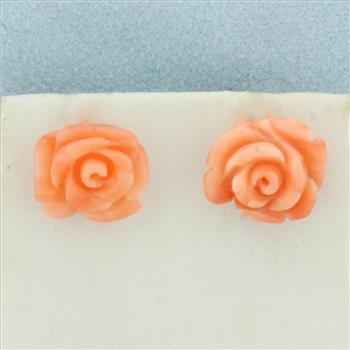Hand Carved Pink Skin Coral Flower Earrings in 14k Yellow Gold