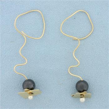 Hand Crafted One of a Kind Pearl Wire Dangle Earrings in 14K Yellow Gold