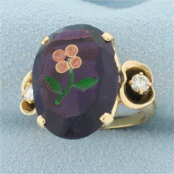 Hand Painted Amethyst and Diamond Flower Ring in 14k Yellow Gold