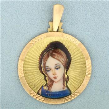 Hand Painted Virgin Mary Pendant in 18k Rose Gold