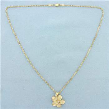 Hawaiian Plumeria Flower Diamond Necklace in 14k Yellow Gold